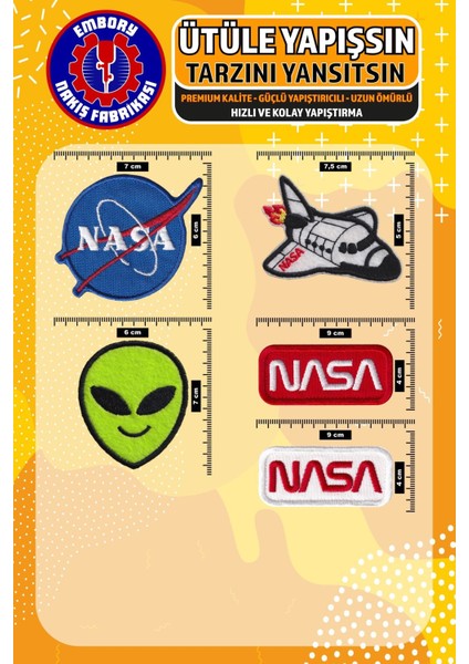 Ütü ile Yapışan Arma Yama, Nasa Uzay Seti (5 Adet) Ütüyle Yapışan Nakış Dokuma Aplike Patch