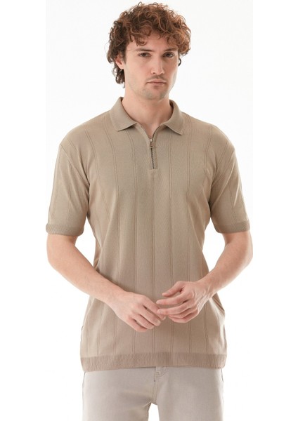 Şeritli Polo Yaka Yarım Fermuarlı Triko Tişört