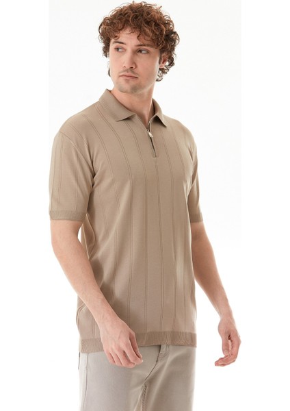 Şeritli Polo Yaka Yarım Fermuarlı Triko Tişört fiyatları