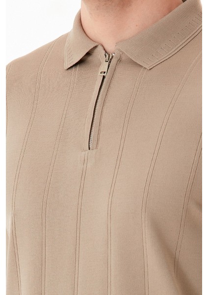 Şeritli Polo Yaka Yarım Fermuarlı Triko Tişört indirimleri