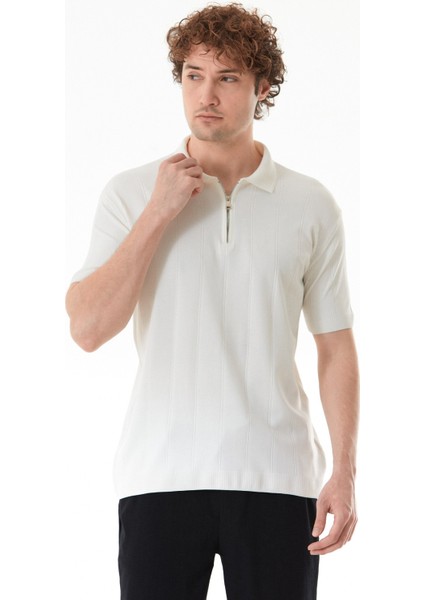 Şeritli Polo Yaka Yarım Fermuarlı Triko Tişört