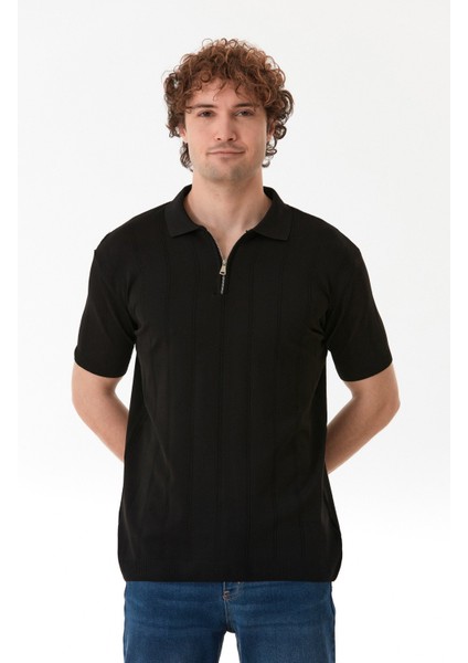 Şeritli Polo Yaka Yarım Fermuarlı Triko Tişört