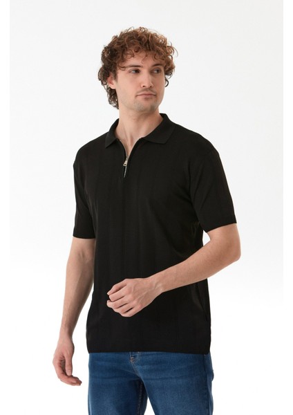 Şeritli Polo Yaka Yarım Fermuarlı Triko Tişört modelleri