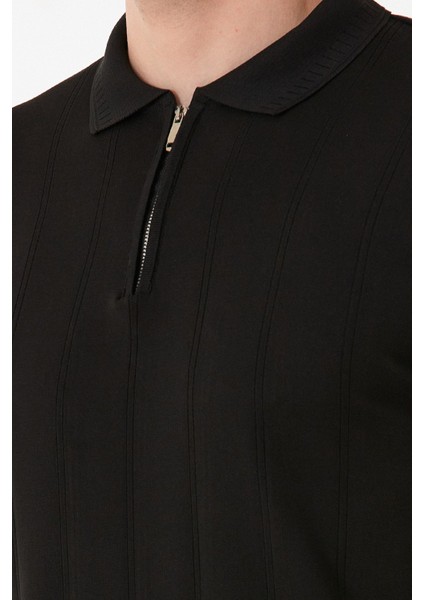 Şeritli Polo Yaka Yarım Fermuarlı Triko Tişört indirimleri