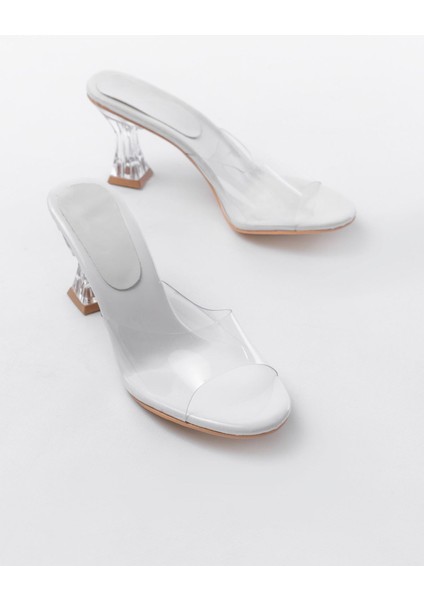S-619 Beyaz Rugan Şeffaf Bantlı Şeffaf Topuklu Yuvarlak Burunlu Kadın Terlik fırsatları