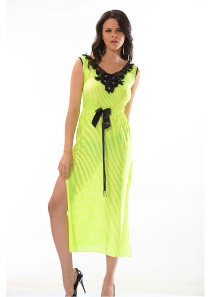 Limon Sarısı Dantel Gecelik - 680041-1453