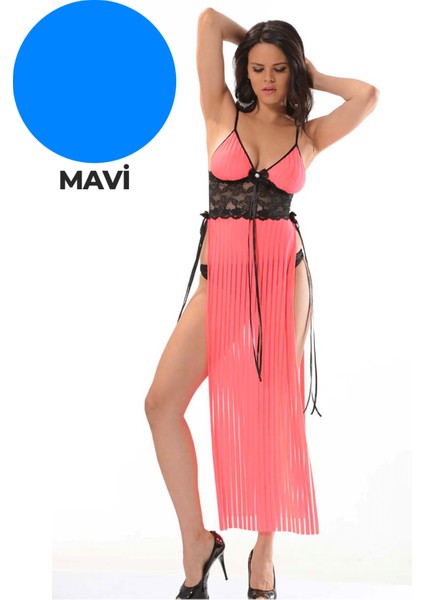 Mavi Dantel Gecelik - 680042-1453
