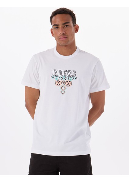 Bisiklet Yaka Desenli Beyaz Erkek T-Shirt M5GI11K8FQ4G011 Ss Cn Guess Trıang modelleri