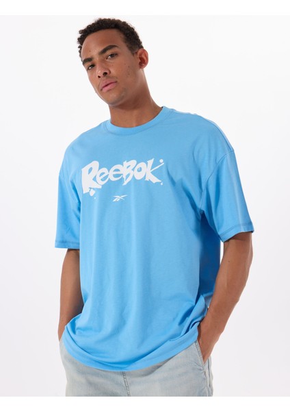 Lc 6388 New Id Ovrs Gfx Tee Mavi Yuvarlak Yaka Oversize Baskılı Erkek T-Shirt