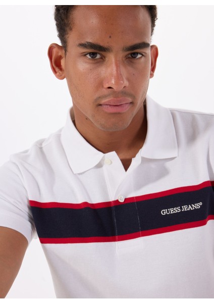 Desenli Beyaz Erkek Polo T-Shirt M5GP29KCJV1F0E1 Gj Ss Strıped Embr