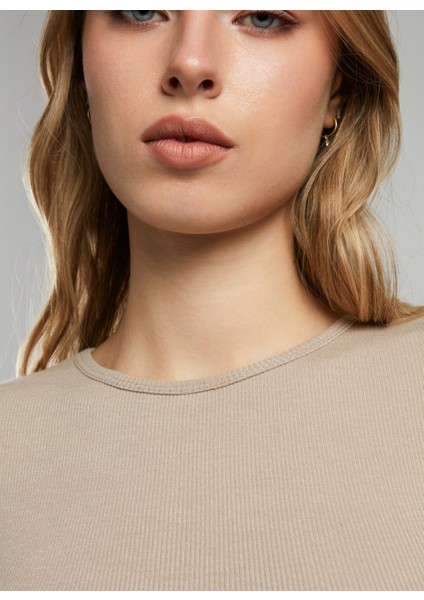 Bisiklet Yaka Düz Bej Kadın T-Shirt 252 Lcf 242015 Rosa Bej modelleri