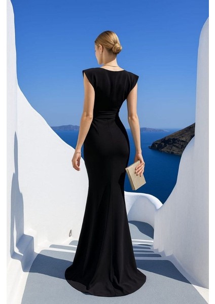 Kadın Dalgıç Kumaş V Yaka Fırfır Detaylı Maxi Boy Elbise fiyatları