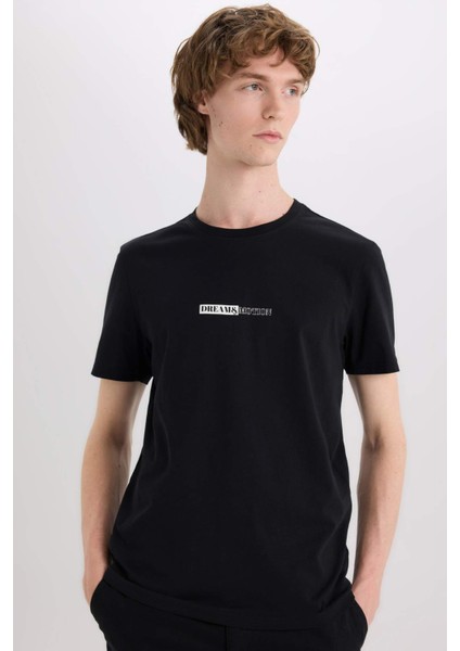 %100 Pamuk Slim Fit Dar Kesim Bisiklet Yaka Baskılı Kısa Kollu Tişört E3776AX25SM