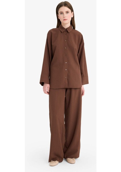 Relax Fit 2'li Takım Gofre Dokulu Uzun Kollu Gömlek Pantolon F4094AX25SM