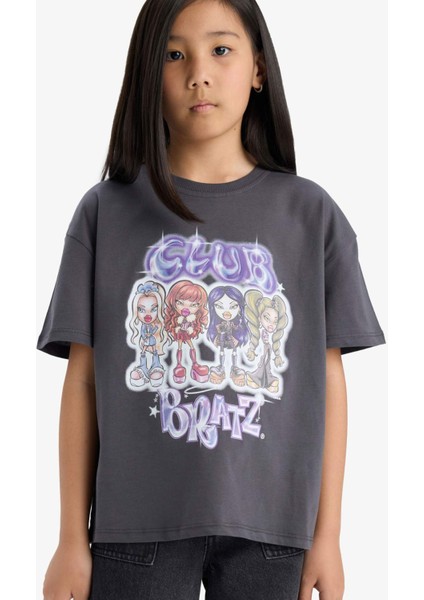 Kız Çocuk Bratz Oversize Geniş Kalıp Bisiklet Yaka Kısa Kollu Tişört E6574A825HS