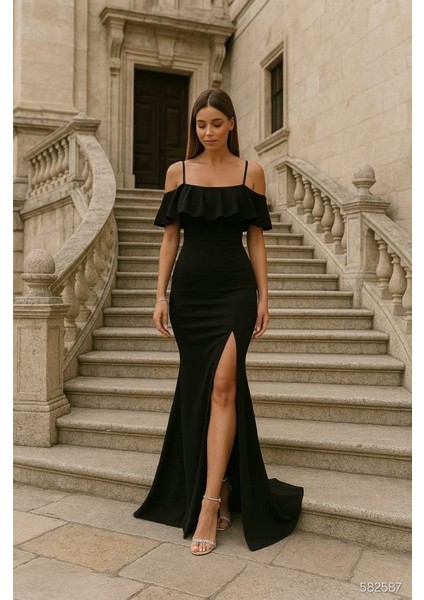 Kadın Dalgıç Krep Yırtmaç Detaylı Askılı Maxi Boy Elbise