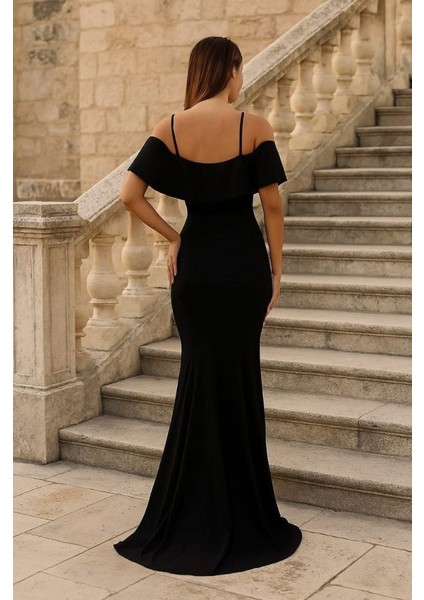 Kadın Dalgıç Krep Yırtmaç Detaylı Askılı Maxi Boy Elbise fiyatları