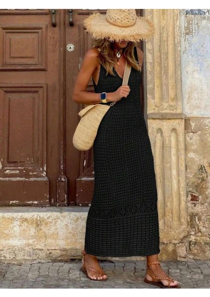 Kadın V Yaka Tam Askılı Tam Boy Ajurlu Triko Elbise