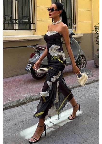 Çiçek Desenli Parçalı Tül Elbise 2622-08