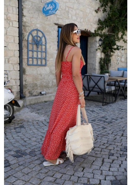 Kırmızı Eteği Fırfırlı Elbise fiyatları