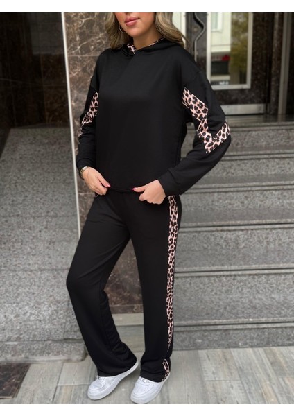 Kadın Kapüşonlu Leopar Detay Sweat ve Yüksek Bel Yanları Leopar Şeritli Bol Paça Pantolon Ikili Takım