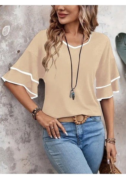 Aknbutik Kadın Kısa Kollu V Yakalı Viskon Bluz fiyatları