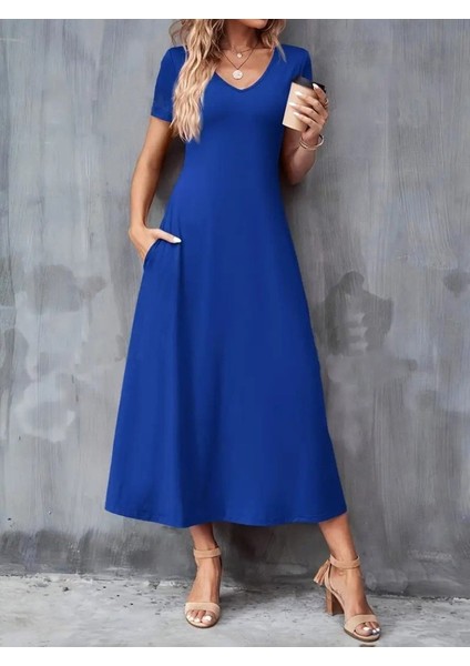 Aknbutik Kadın Kısa Kollu V Yakalı Cepli Viskon Elbise modelleri