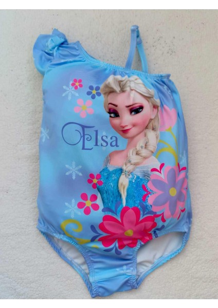 Kız Çocuk Tek Omuz Volan Detaylı Elsa Deniz Havuz Mayo