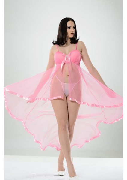 Pembe Petli Tül Şifon Gecelik - 680070-1453