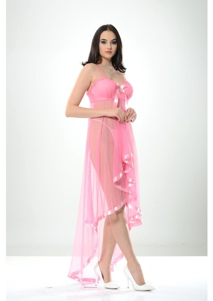 Pembe Petli Tül Şifon Gecelik - 680070-1453