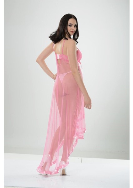 Pembe Petli Tül Şifon Gecelik - 680070-1453