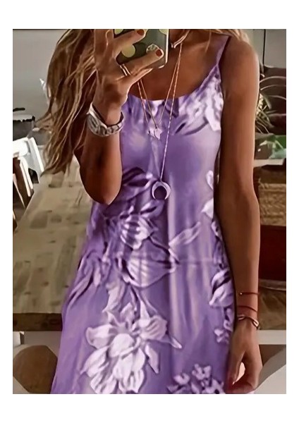 Kadın Askılı Yuvarlak Yaka Etek Geniş Kesim Desenli Süprem Elbise fiyatları