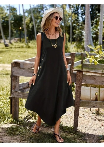 Kadın Askılı Yuvarlak Yaka Düğmeli Asimetrik Kesim Detaylı Ithal Keten Elbise modelleri