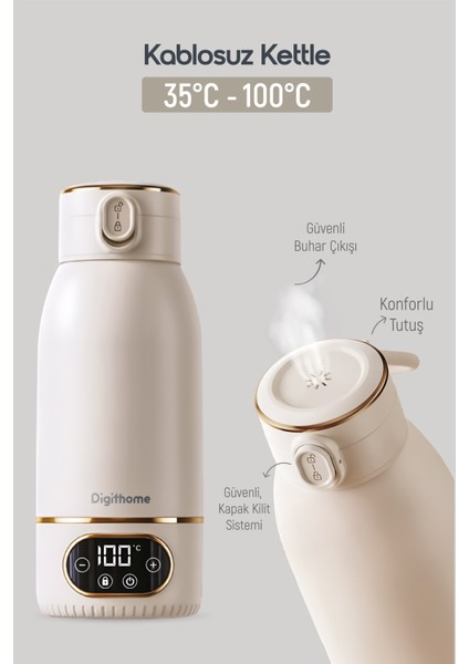 Go Smart Taşınabilir Şarjlı Çelik Su Isıtıcı Kablosuz Kettle (35-100 C°) Milky Whıte 500 Ml Dgt-102