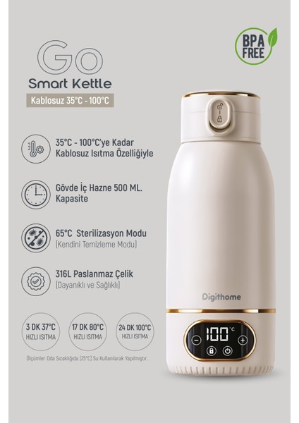 Go Smart Taşınabilir Şarjlı Çelik Su Isıtıcı Kablosuz Kettle (35-100 C°) Milky Whıte 500 Ml Dgt-102