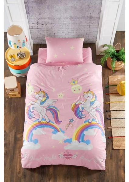 Unicorn Lastikli Çarşaflı Kız Çocuk Tek Kişilik Nevresim Takımı