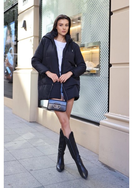 5163 Kapüşonlu Oversize Şişme Mont - Lacivert