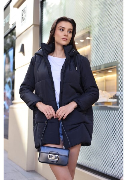 5163 Kapüşonlu Oversize Şişme Mont - Lacivert