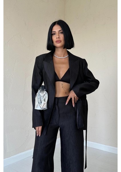 Siyah Beli Kuşaklı Ceket ve Pantolon Parlak Takım fiyatları