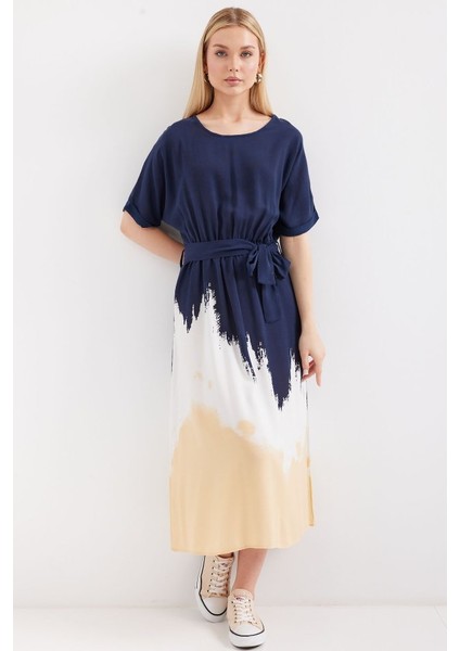 2504 Desenli Kısa Kol Viskon Elbise - Lacivert