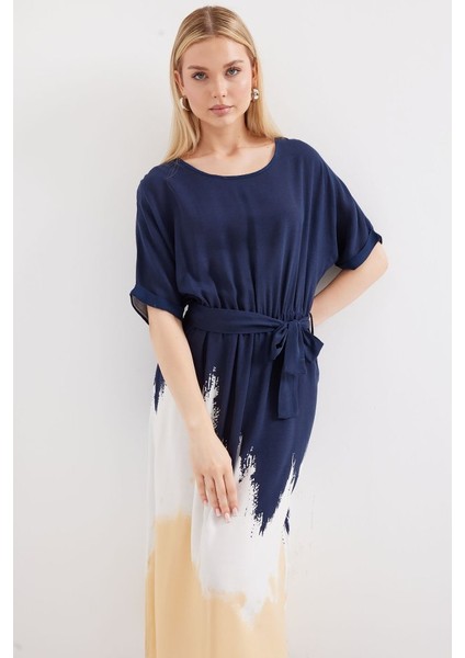 2504 Desenli Kısa Kol Viskon Elbise - Lacivert fiyatları