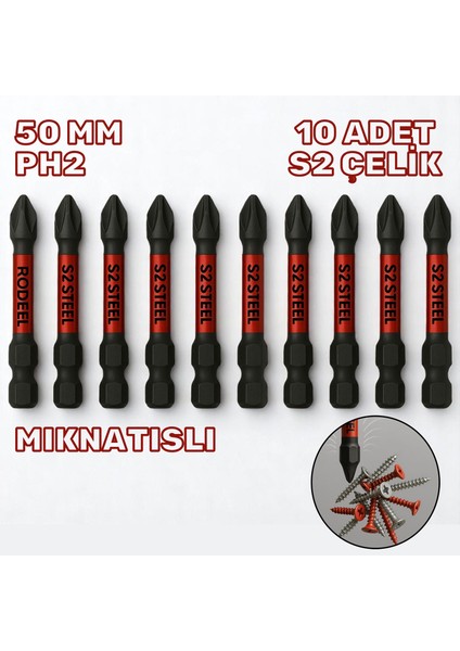 Rodex 10 Adet Mıknatıslı Bits Uç Ph2 50 mm Vida Sökme 5 cm Yıldız Matkap Vidalama Ucu S2 Çeliği