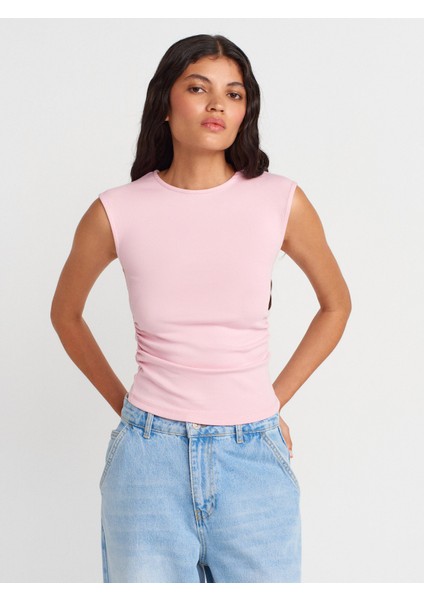 21054 Büzgülü Basic T-Shirt-Toz Pembe