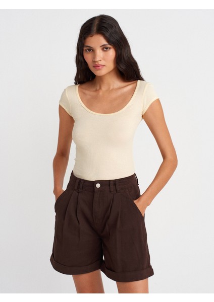 31807 Bisiklet Yaka Fitilli T-Shirt-Açık Sarı