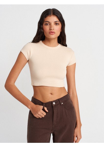 31810 Bisiklet Yaka Crop T-Shirt-Taş