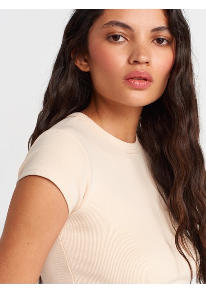 31810 Bisiklet Yaka Crop T-Shirt-Taş modelleri