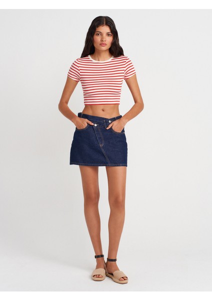 80583 Asimetrik Mini Denim Etek-Lacivert