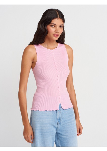 60972 Fitilli Düğmeli Ince Triko Yelek-Pembe