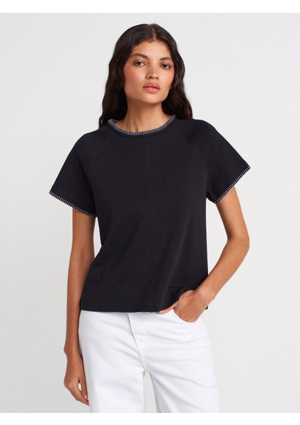 31824 Reglan Kol Kontrast Dikiş Detaylı T-Shirt-Siyah