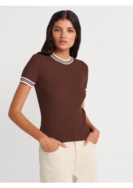 10765 Bisiklet Yaka Çizgili Triko Bluz-Kahve-Krem